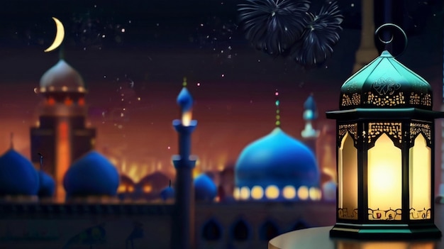 Eid Mubarak di Eid al fitr lanterna 3D e moschea con luna 3D con notte bellissimo sfondo