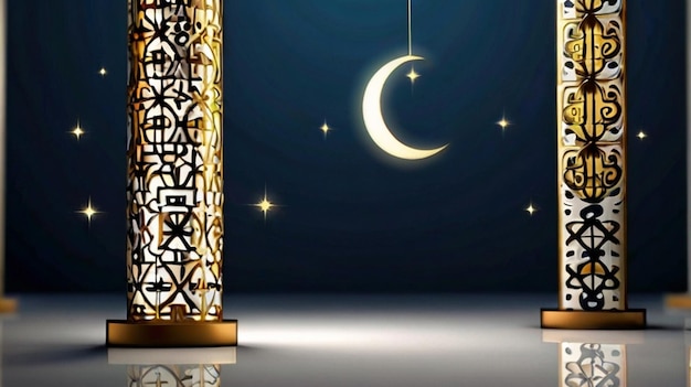 Eid Mubarak di Eid al fitr lanterna 3D e moschea con luna 3D con notte bellissimo sfondo