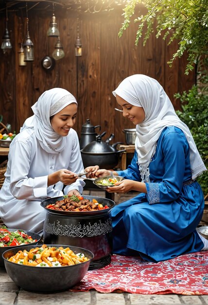 Eid Mubarak due donne sedute su un tappeto che mangiano cibo