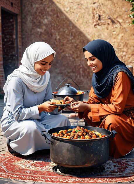 Eid Mubarak due donne sedute su un tappeto in mezzo a un cortile