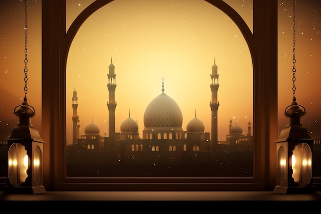 Eid Mubarak e ramadan kareem con lanterna islamica e moschea Eid al fitr sullo sfondo