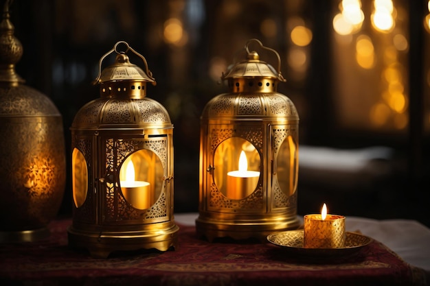 Eid mubarak e ramadan kareem con lanterna islamica e moschea sullo sfondo di Eid al fitr