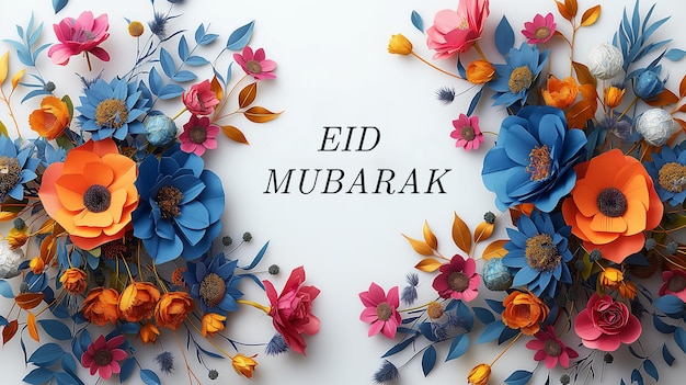 Eid Mubarak Fiori tagliati in carta colorati su uno sfondo bianco Disegno di biglietti di auguri Eid Al Adha