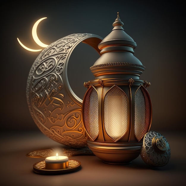 Eid Mubarak in semplicità Luna crescente e lanterne a luce minima come sfondo