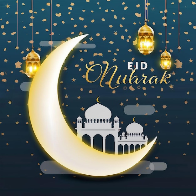 Eid mubarak luna creativa e sfondo della scheda della moschea