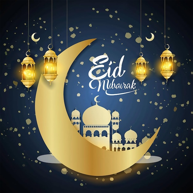 Eid mubarak luna creativa e sfondo della scheda della moschea