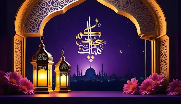 Eid mubarak luna e moschea lanterna araba modello di post sui social media viola