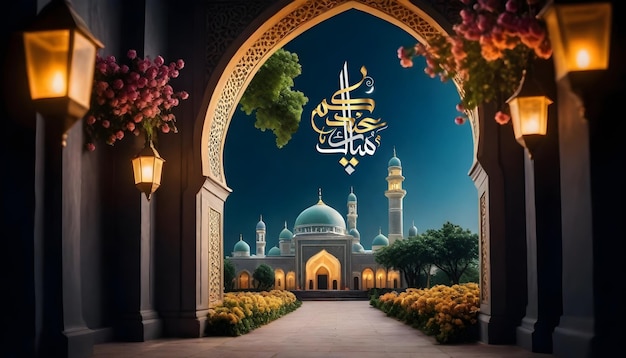 Eid mubarak luna e moschea lanterna araba modello di post sui social media