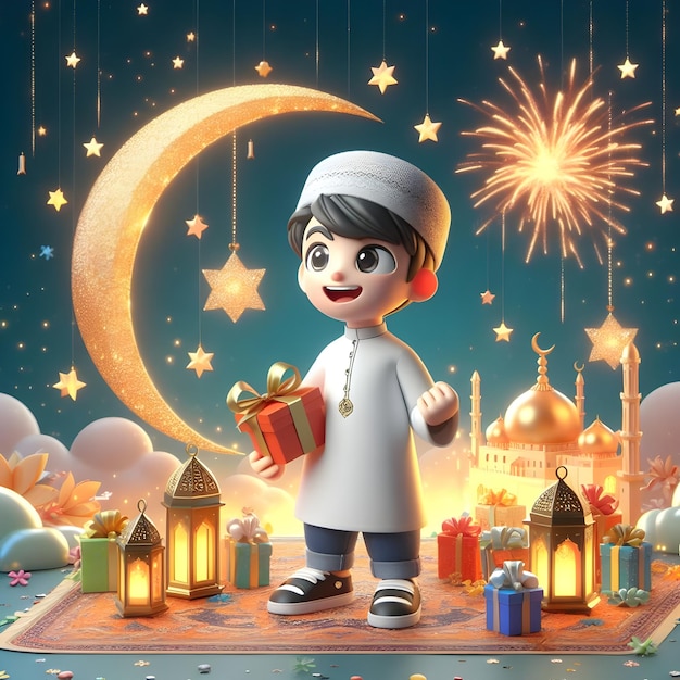 Eid Mubarak poster boy cartone animato 3d render ai generatore