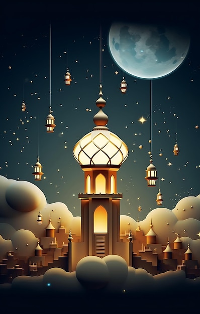 Eid Mubarak Poster con lanterna Luna e nuvole come sfondo