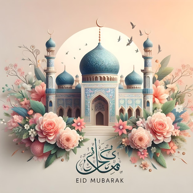 Eid mubarak Poster di una moschea con fiori e uccelli