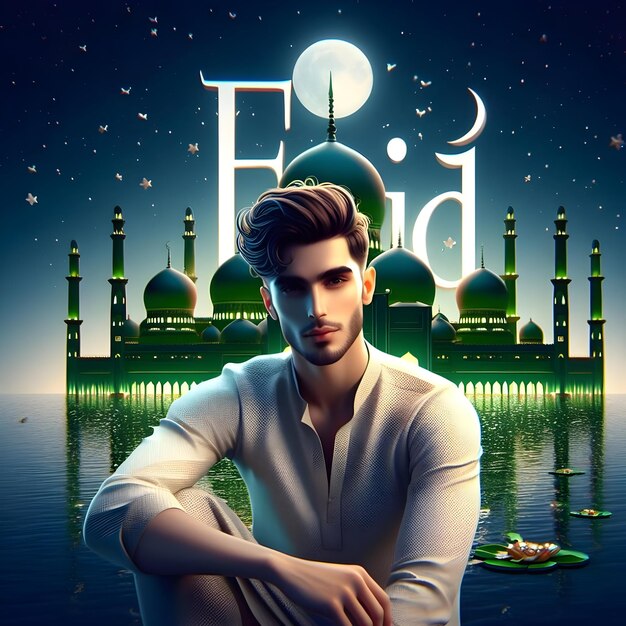 Eid Mubarak Poster uomo seduto di fronte a uno sfondo blu con un uomo seduto davanti a una moschea