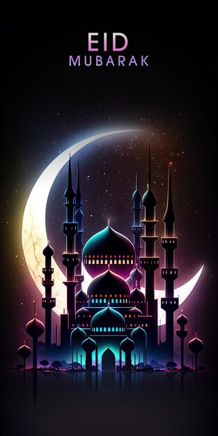 Eid Mubarak Social Media Vertical Banner Design con Amazing Architecture Design di illuminazione della moschea e della mezzaluna luminosa di notte Generative AI