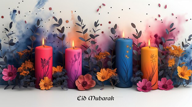 Eid Mubarak sullo sfondo con candele e fiori bella decorazione del biglietto di auguri di Eid