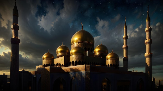 EID Ramadan Kareem Mosque Illustrazione del concetto islamico Banner dei minareti Masjid Generative AI f