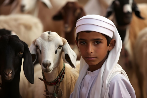 Eid ul Adha Mubarak ragazzo in una veste bianca si trova accanto a una capra