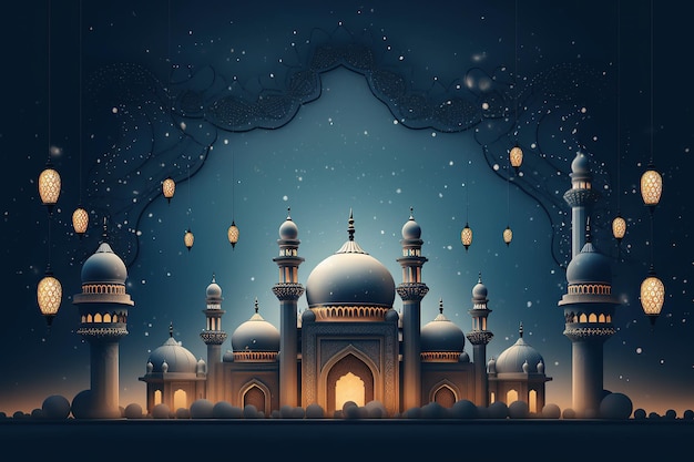 Eid ul adha una bellissima moschea con sfondo blu che genera ai