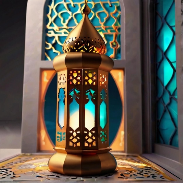 Eid ul fitr lanterna 3D e finestra della moschea biglietti di auguri islamici Eid Mubarak sfondo