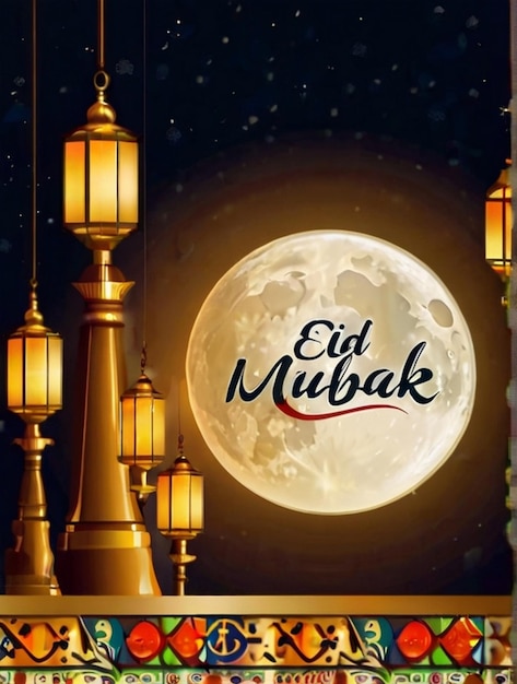 Eid ul fitr lanterna 3D e finestra della moschea biglietti di auguri islamici Eid Mubarak sfondo
