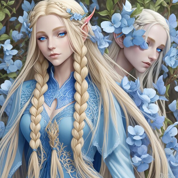 Eladrin da dnd nella sua forma primaverile lunghe bionde trecce em capelli con strisce blu