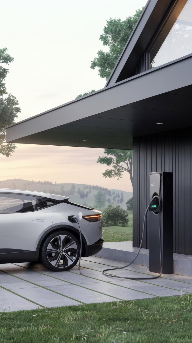 Electric car charging station at home 3d render