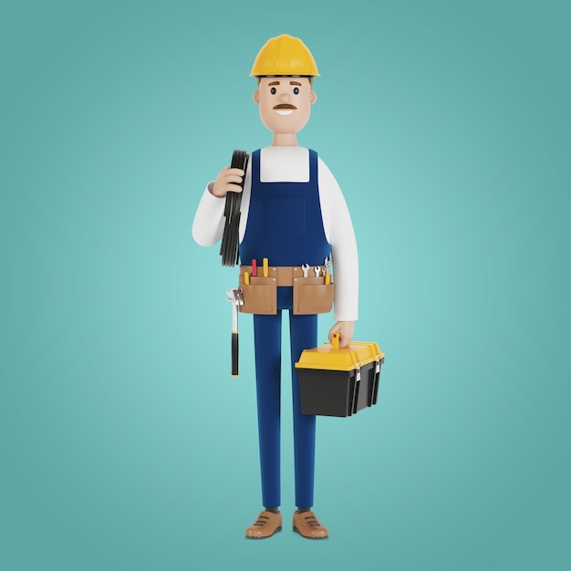 Electrician construction worker with tools and with a wire 3D illustration in cartoon style.
