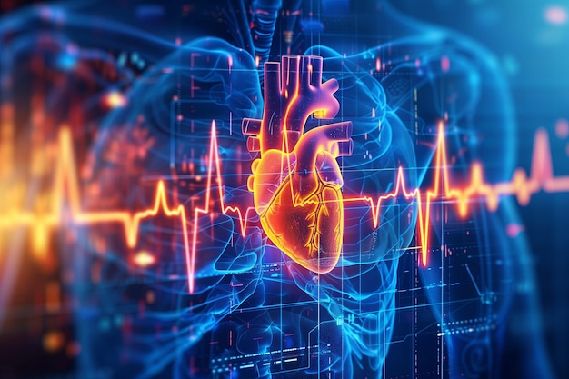 Electrocardiogramma e concetto di cuore con ologramma di cuore e onda ECG del corpo