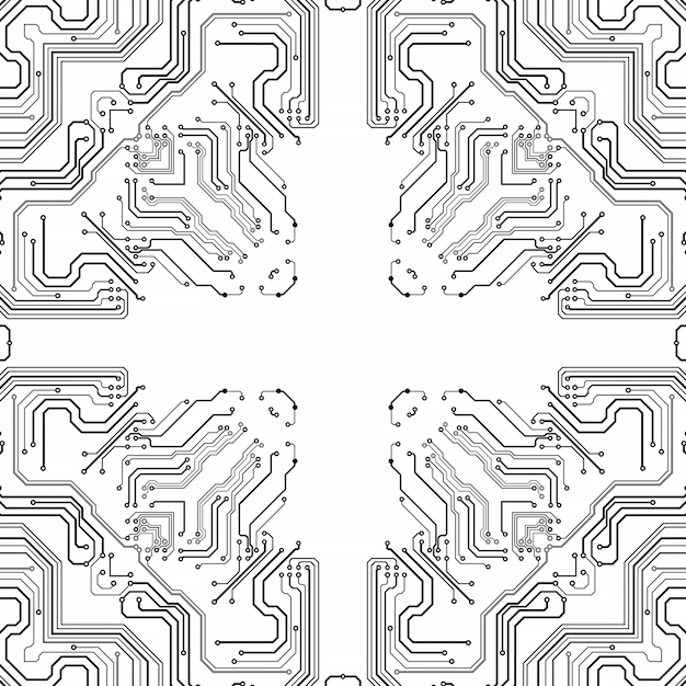 Electronics chip board. Printed circuit board electronic high-tech model, digital technology. Illustration abstract computer chip. Black monochrome microchip, isolate on white background