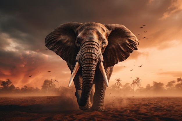 Elefante africano arrabbiato sotto un cielo nuvoloso con un'illuminazione drammatica