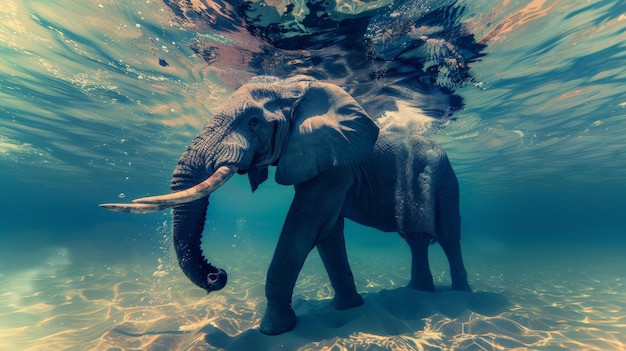 Elefante africano che nuota sott'acqua grande elefante nell'oceano con bolle e riflessi sulla superficie dell'acqua