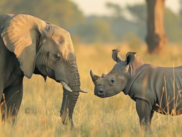 Elefante africano e rinoceronte nero insieme in un paesaggio sereno della savana al tramonto