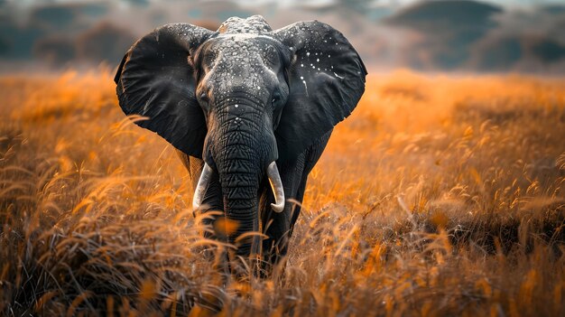 Elefante africano nell'erba dorata al crepuscolo