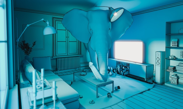 Elefante all'interno di una casa. concetto di problemi nascosti. rendering 3D.