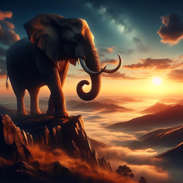 Elefante che cammina al tramonto