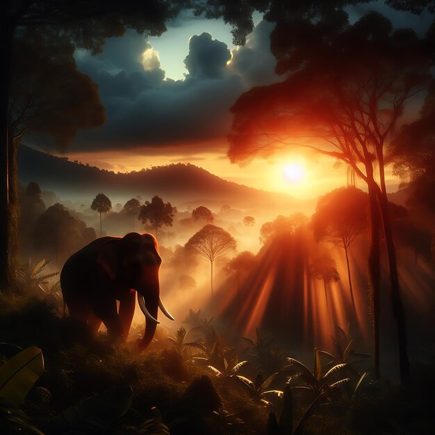 Elefante che cammina al tramonto