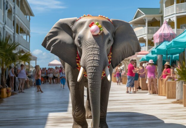 Elefante che cammina per strada con la gente sullo sfondo.