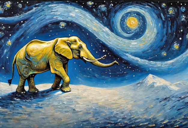 elefante che cammina sotto la notte stellata