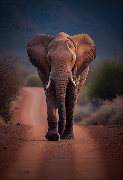 Elefante che cammina verso la telecamera su una strada sterrata ai generativa
