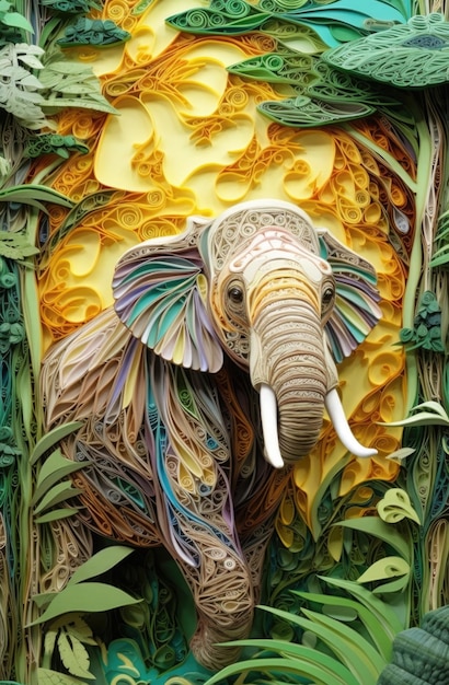 Elefante colorato Quilled Design intricato della giungla Creato utilizzando strumenti di intelligenza artificiale generativa