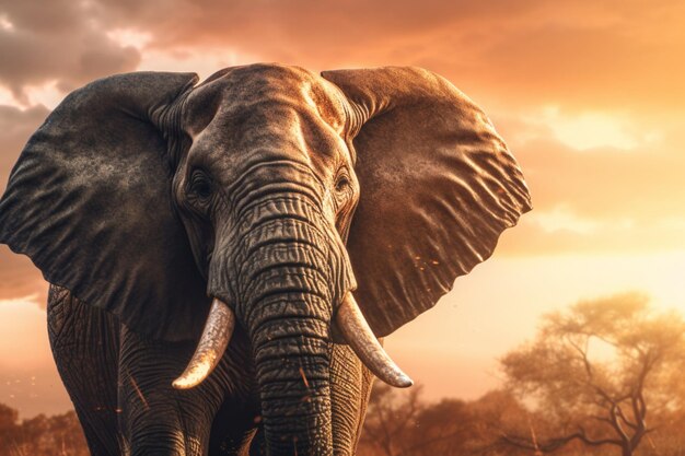 Elefante con tramonto spettacolare