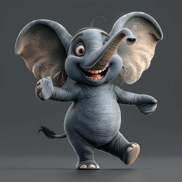 Elefante con una postura di salsa Goofy Grin Floppy Ears Coro Personaggio animale creativo su White BG