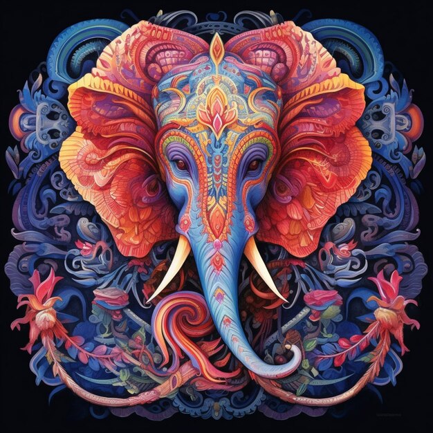 elefante dai colori vivaci con un intricato disegno floreale su uno sfondo nero