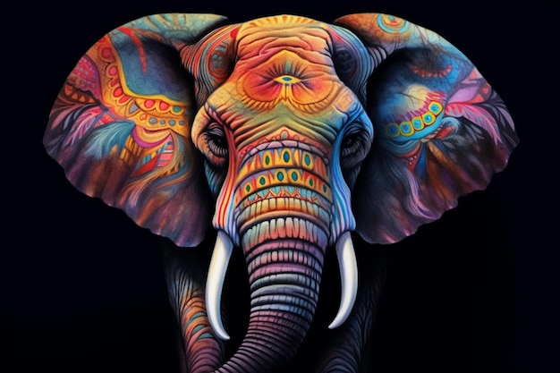 elefante dai colori vivaci con zanne e zanne su sfondo nero ai generativa