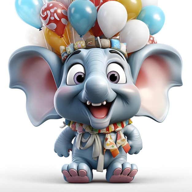 Elefante dei cartoni animati con palloncini e regali per il suo compleanno illustrazione 3D