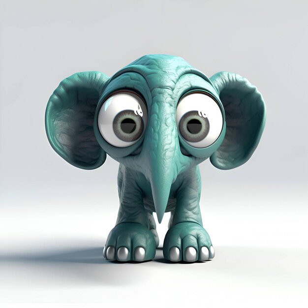 Elefante del fumetto con i grandi occhi su sfondo bianco illustrazione 3D