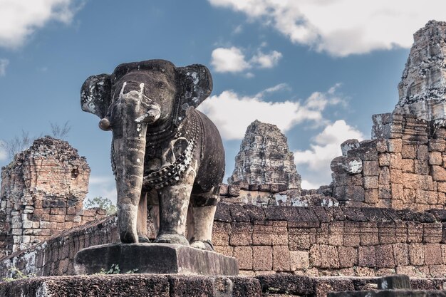 Elefante di pietra davanti alle rovine del tempio cambogiano antico nel complesso di Angkor Siem Reap Cambogia