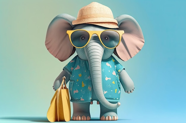 Elefante divertente che indossa occhiali da sole su sfondo di colore chiaro IA generativa