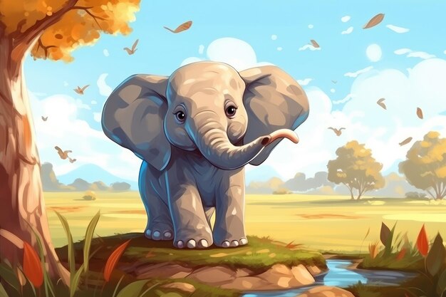 Elefante divertente nella natura selvaggia Illustrazione animale del fumetto disegnata Ai generativa