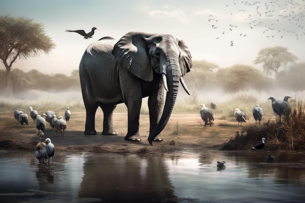 Elefante e uno stormo di uccelli in una savana con un pozzo d'acqua