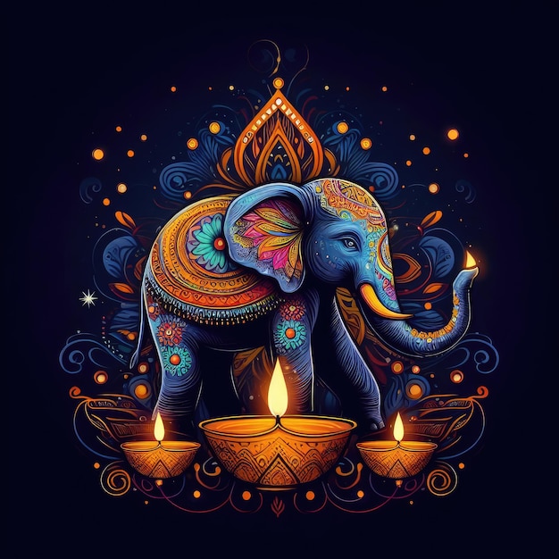 Elefante indiano e candele per il banner di diwali